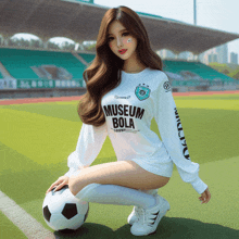 a girl wearing a white shirt that says museum bola is squatting down with a soccer ball