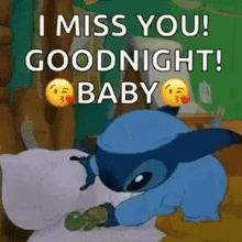 a cartoon character is laying on a bed with the words `` i miss you ! goodnight ! baby ''