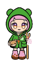 a cartoon girl with pink hair is wearing a green hoodie and holding a stick .