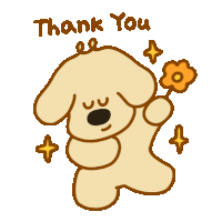 a cartoon of a dog holding a flower with the words thank you above it