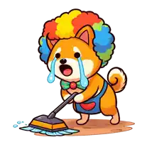 a cartoon of a dog wearing a clown wig cleaning the floor