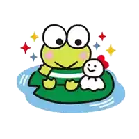 keroppi the frog is sitting on a leaf with a snowman .