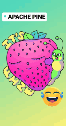 a cartoon illustration of a strawberry with a caterpillar and the words " it 's here "