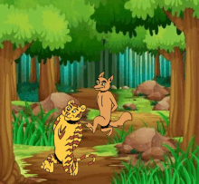 a cartoon of a tiger and a squirrel in the woods