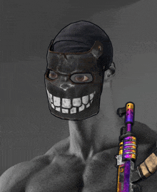 a man without a shirt is wearing a mask and holding a purple gun