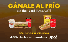 an advertisement for shell card transporte shows a sandwich a hot dog and chips