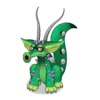 a cartoon drawing of a green monster with horns and spikes on its tail