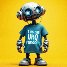 a robot wearing a blue t-shirt that says t'es pas uhq random