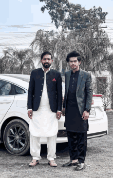 two men standing in front of a white car with a license plate that says rs15