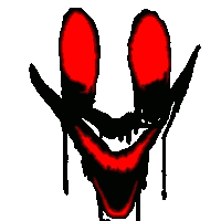 a cartoon drawing of a scary smiley face with red eyes