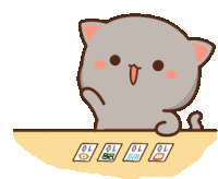 a cute cartoon cat is sitting at a table with cards on it