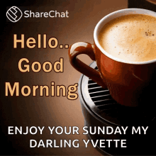 a cup of coffee with the words hello good morning enjoy your sunday my darling yvette on it