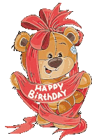 the teddy bear is wrapped in a red ribbon and holding a happy birthday banner .