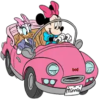 minnie mouse is driving a pink car with daisy duck in the back seat