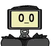 a cartoon drawing of a robot with a screen on its head that says 0_0 .