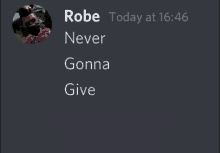 a screenshot of a person 's profile that says " robe today at 16:46 never gonna give "