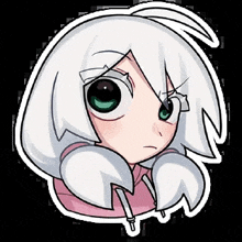 a cartoon drawing of a girl with white hair and green eyes on a black background .