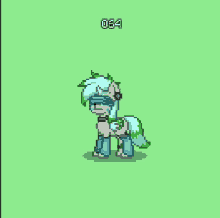 a pixel art of a pony wearing blindfolds and headphones .