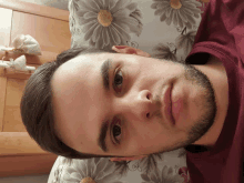 a young man with a beard is laying on a pillow with daisies on it