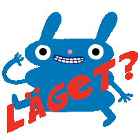 a blue cartoon character has the word läget written in red letters