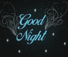 the words `` good night '' are written in blue on a black background surrounded by stars .