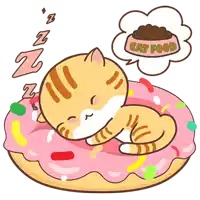 a cartoon cat is sleeping on a donut and dreaming of cat food