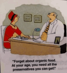 a cartoon of a doctor talking to a woman who is asking him about organic food