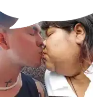 a man and a woman are kissing with a white speech bubble in the background .