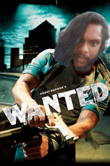 a movie poster for wanted shows a man with long hair holding a gun