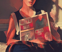 a painting of a woman holding a book called the talks