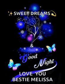 a sweet dreams and good night poster with a tree and butterflies