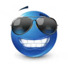 a blue smiley face wearing sunglasses is smiling .