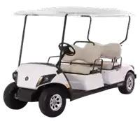 a white golf cart with tan seats and a canopy