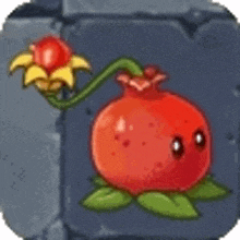 a cartoon pomegranate with leaves and a flower hanging from it .