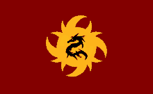 a yellow sun with a black dragon on it