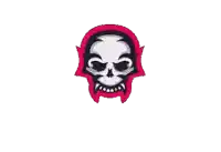 a pink and black skull with teeth on a white background ..