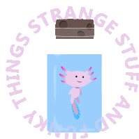 a strange things stuff and fun logo with an axolotl in a bottle