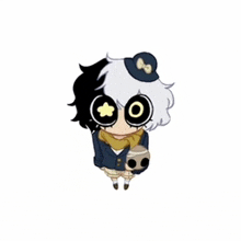 a cartoon character with black and white hair and a hat holding a skull .