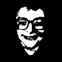 a black and white drawing of a person 's face with glasses and a smile .