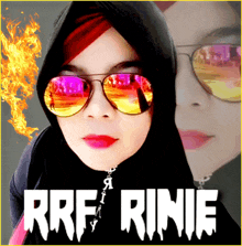 a picture of a woman wearing sunglasses with the name rrf rinie on the bottom