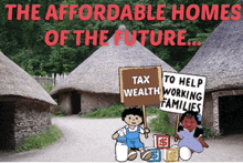 a cartoon of two children holding a sign that says " tax wealth "