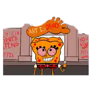 a cartoon drawing of spongebob holding a microphone in front of a sign that says art is dead