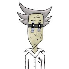 a cartoon drawing of a man with glasses and a white shirt