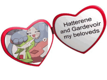 a heart shaped locket that says hatterene and gardevoir my beloveds is open