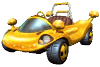 a yellow toy car with a steering wheel and a headlight on a white background