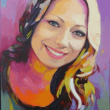 a colorful painting of a smiling woman with a purple background