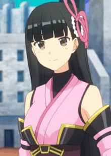 a girl with long black hair is wearing a pink kimono and gloves .