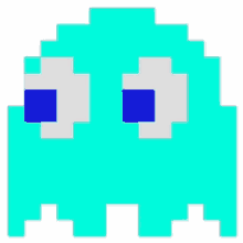 a pixel art drawing of a ghost with blue eyes and a white head .