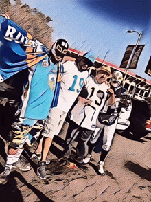 a group of men are posing for a picture and one of them is wearing a jersey with the number 19 on it