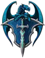 a blue dragon holding a sword on top of a shield